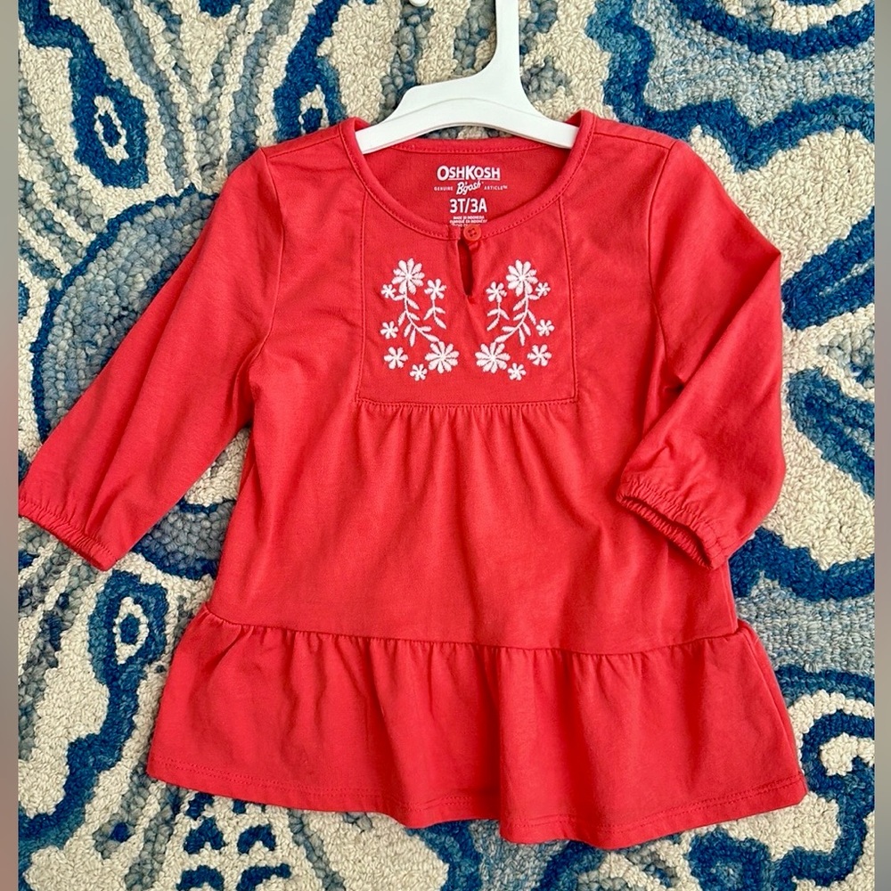 OshKosh B’Gosh Coral Embroidered Peplum Tiered Shirt toddler girl 3T